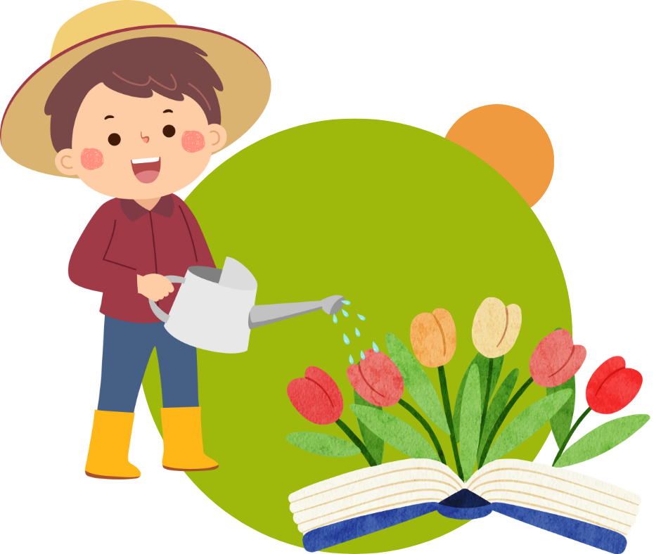 spring storytime logo: a child waters a garden growing out of a book