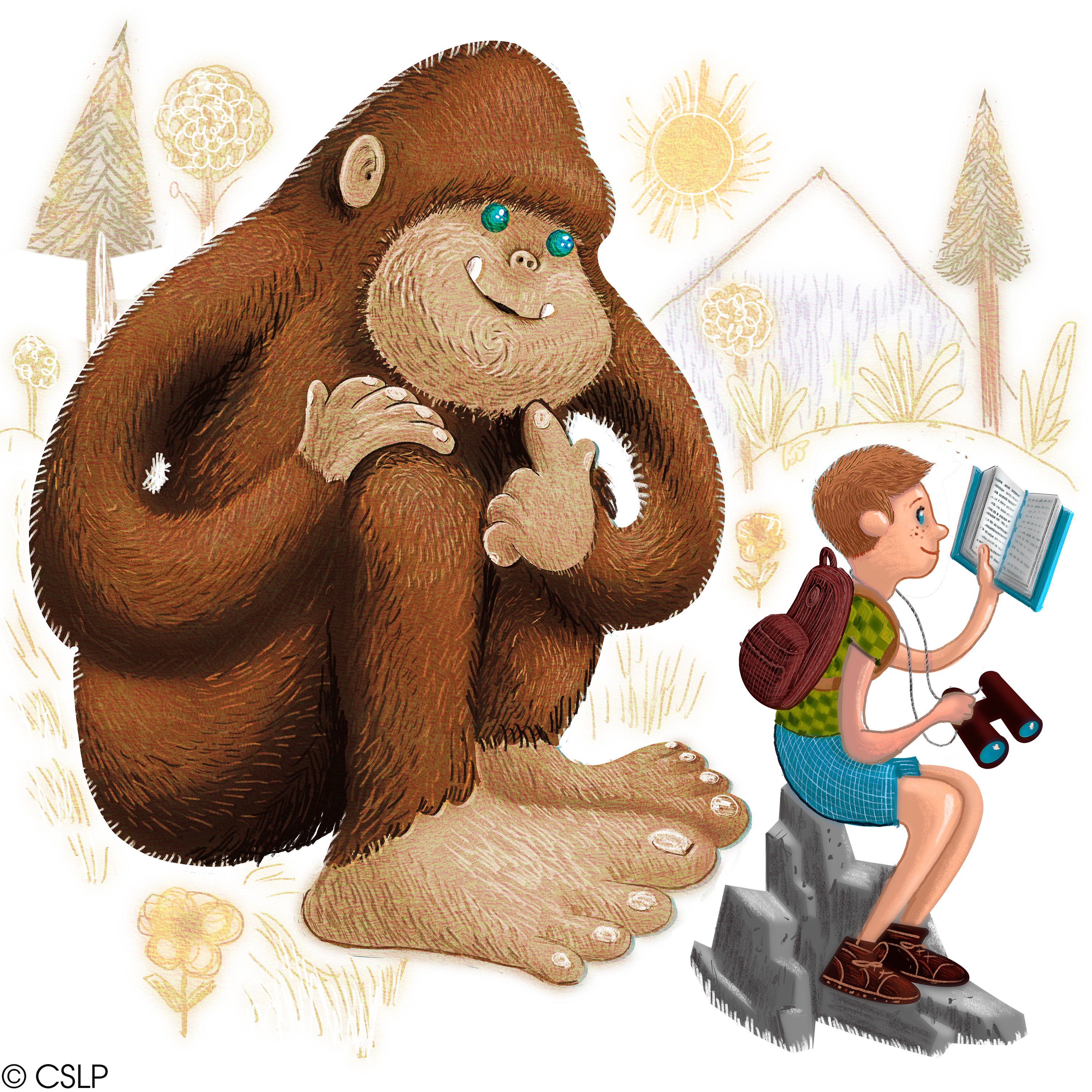 A cute bigfoot monster peers over the shoulder of a hiker, who has a book in one hand and binoculars in the other.