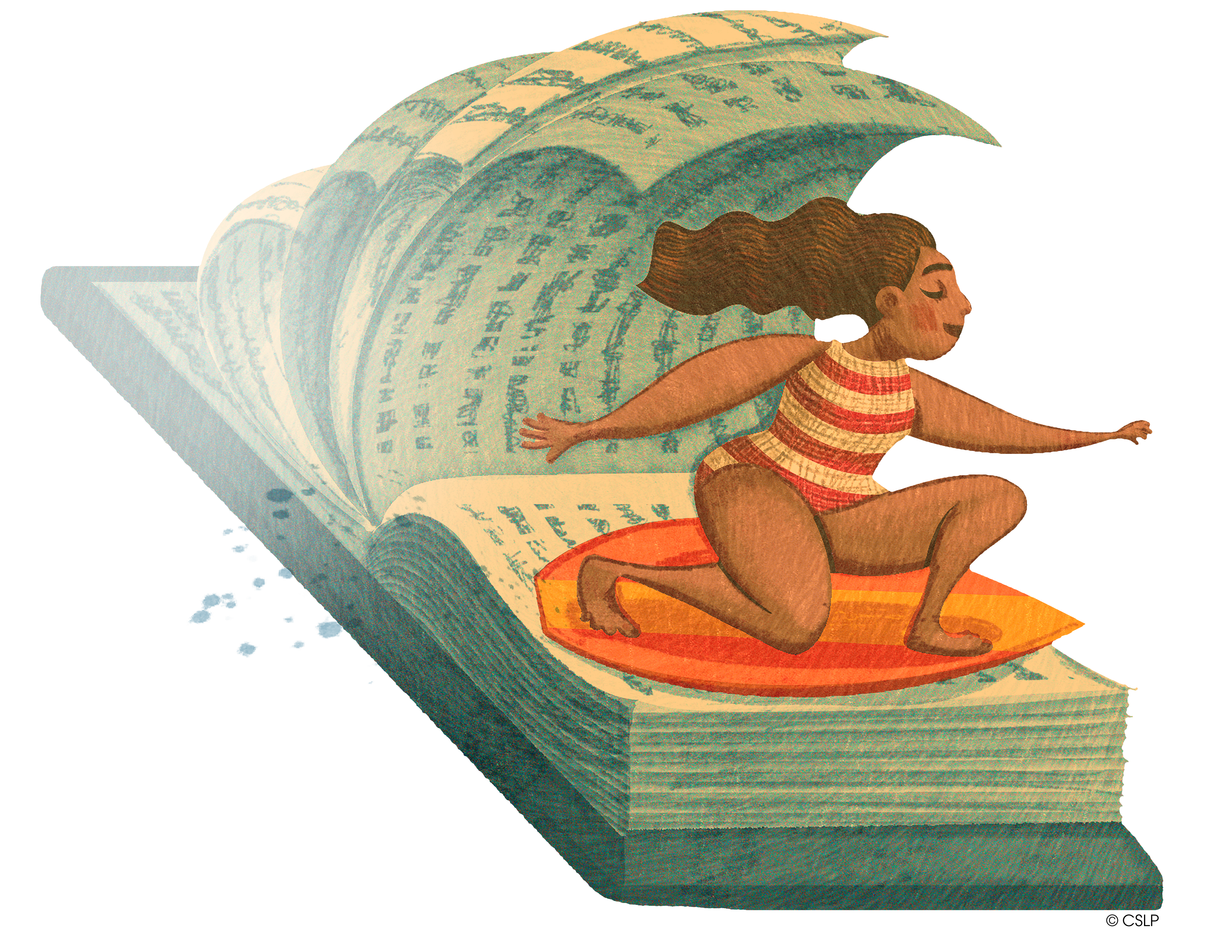 A girl surfs on a wave made of the pages of a book.