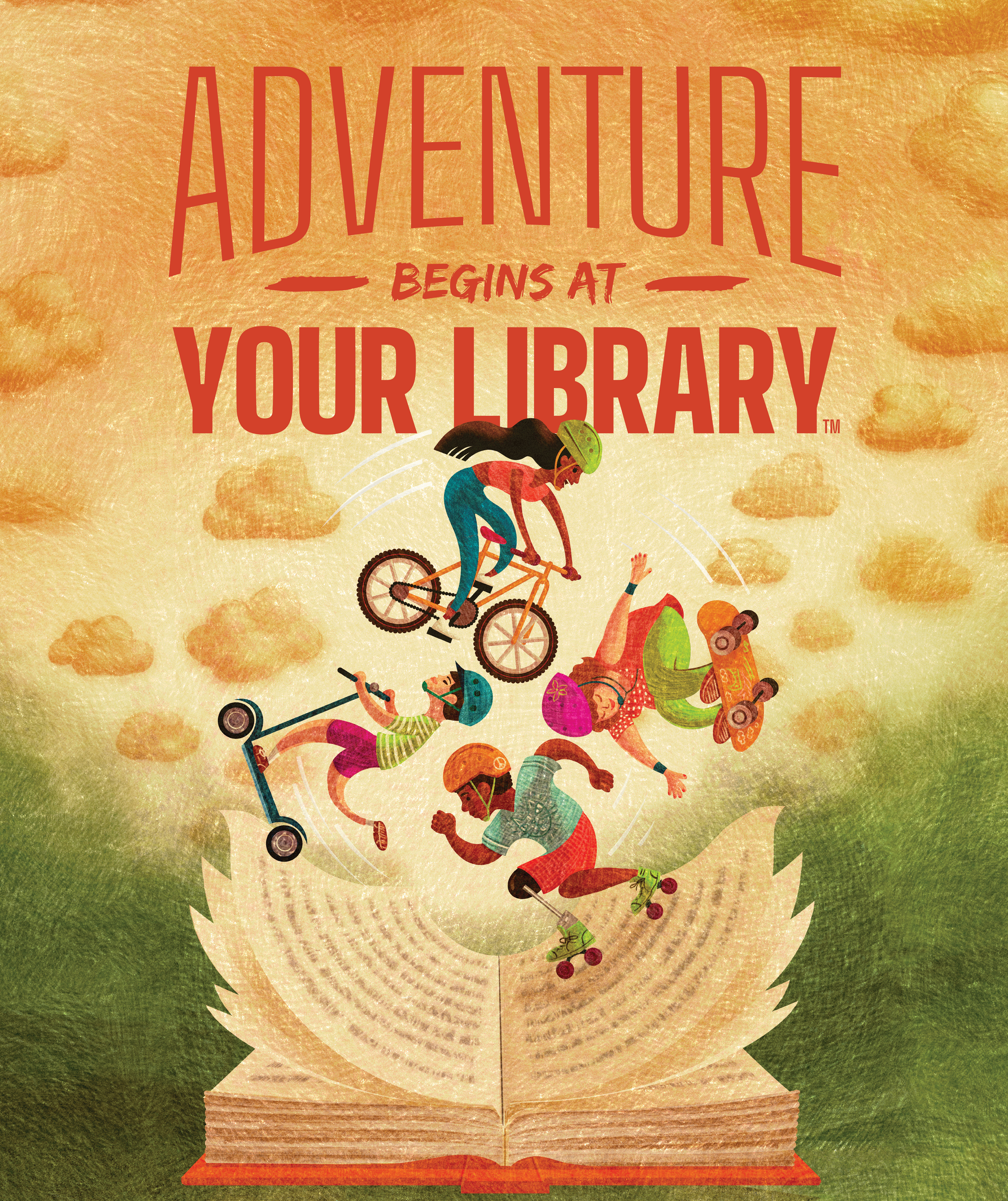 Adventure Begins at Your Library logo. Picture of kids riding bikes, scooters, skateboards, and rollerblades on a half-pipe made of the curling pages of a book.