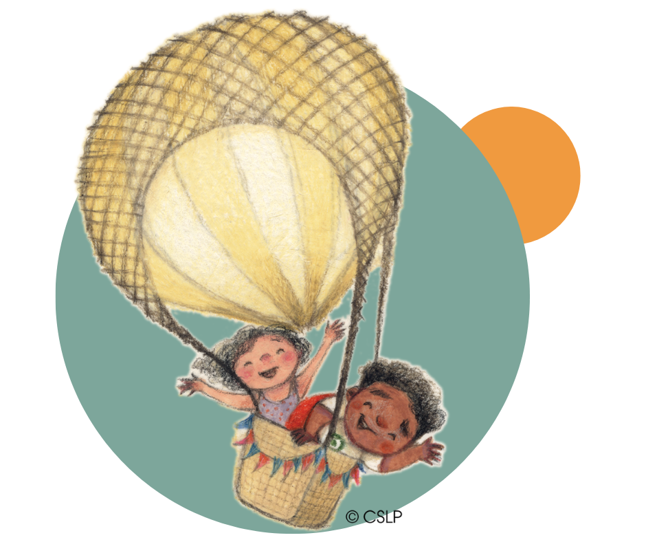 Two children read books in a hot air balloon
