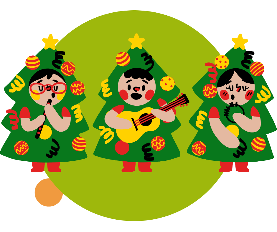 Three children dressed as Christmas trees singing