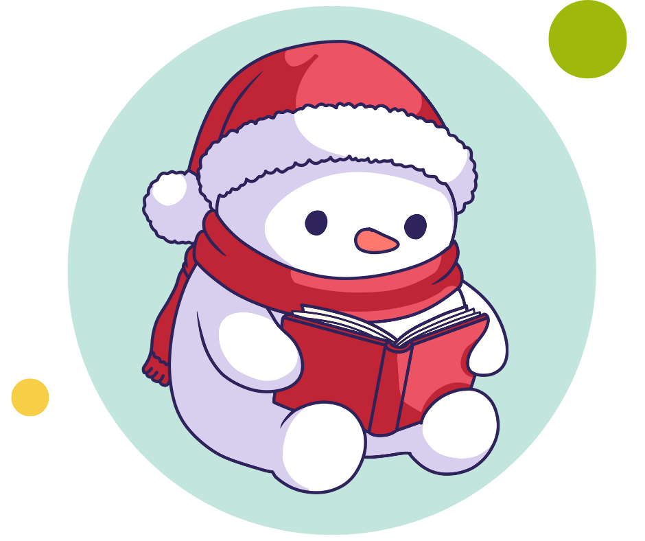 A cute snowman in a hat and scarf reads a book.