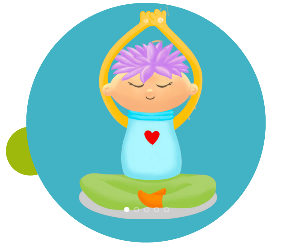 An illustration of a Yogilli doll in a yoga Easy pose, with arms raised