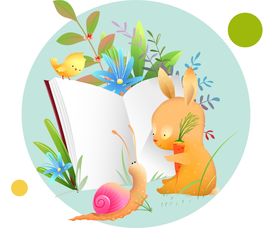 Illustration of a book surrounded by spring wildlife and wildflowers