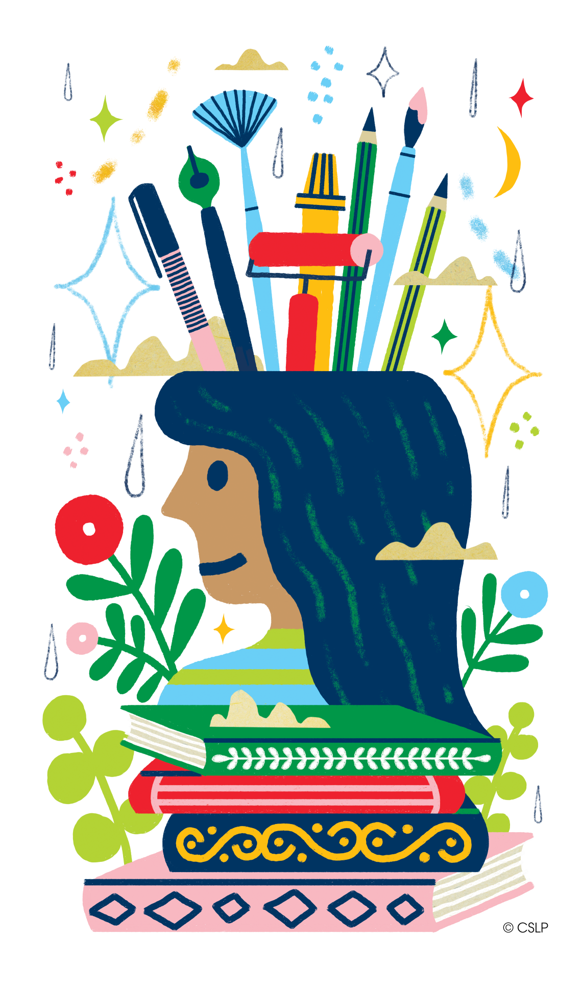 The head of a girl, with art supplies bursting out of the top of her head, next to a stack of colorful books
