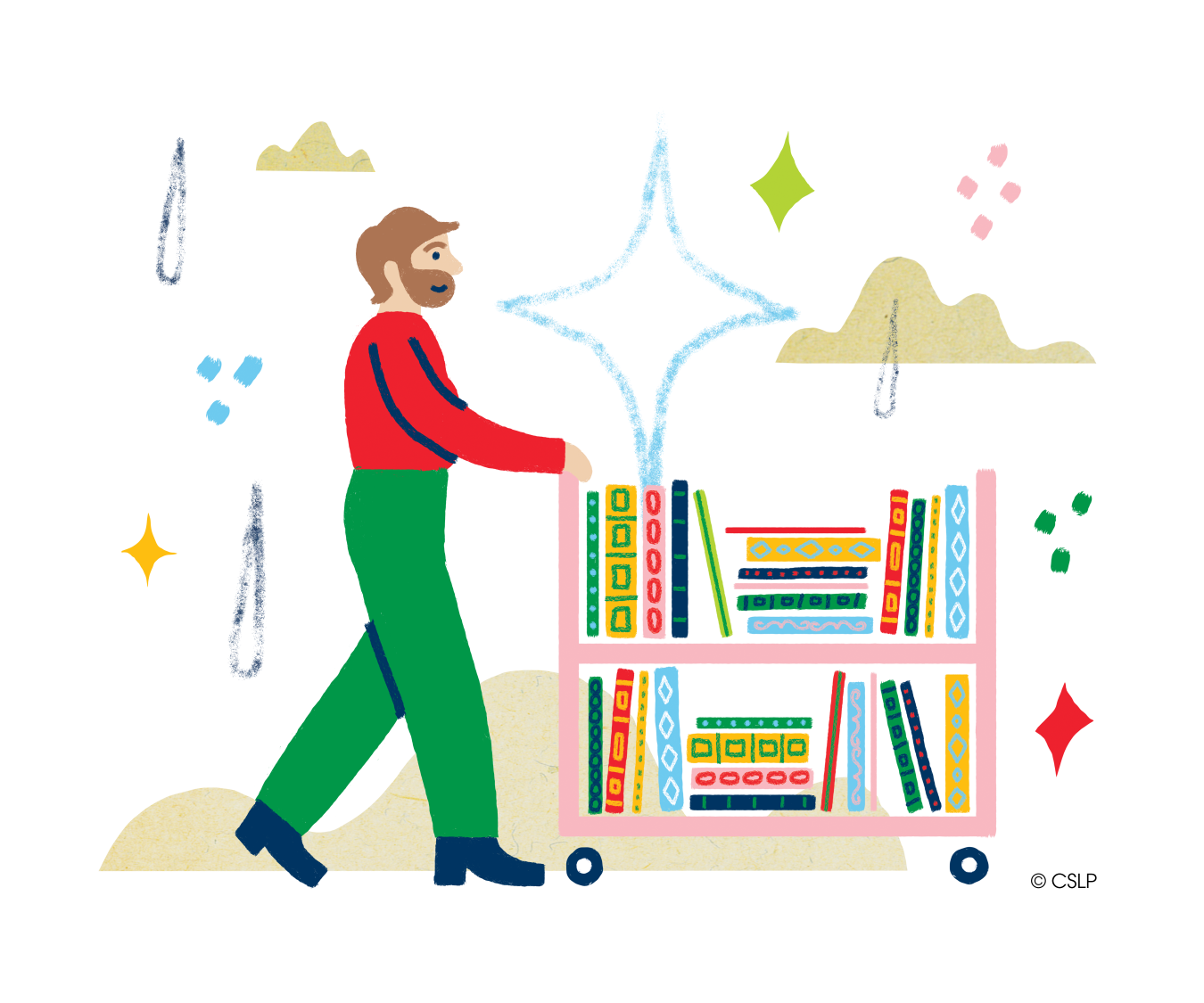 Whimsical drawing of a librarian pushing a cart full of books