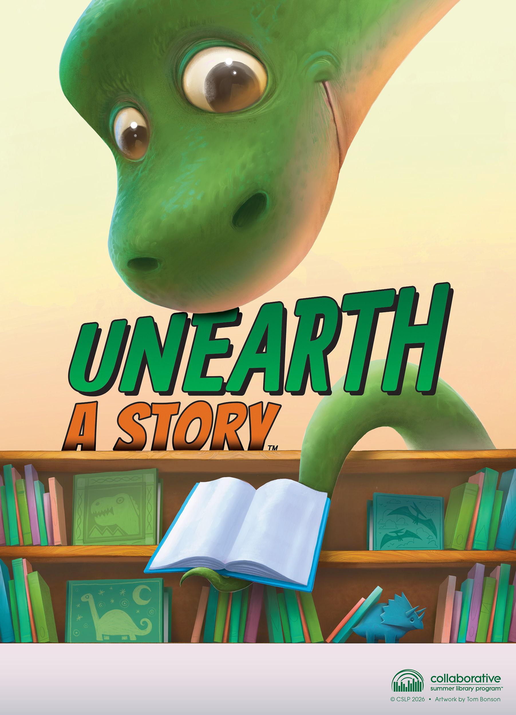 A brontosaurus stands in a library, reading a book held in its tail.