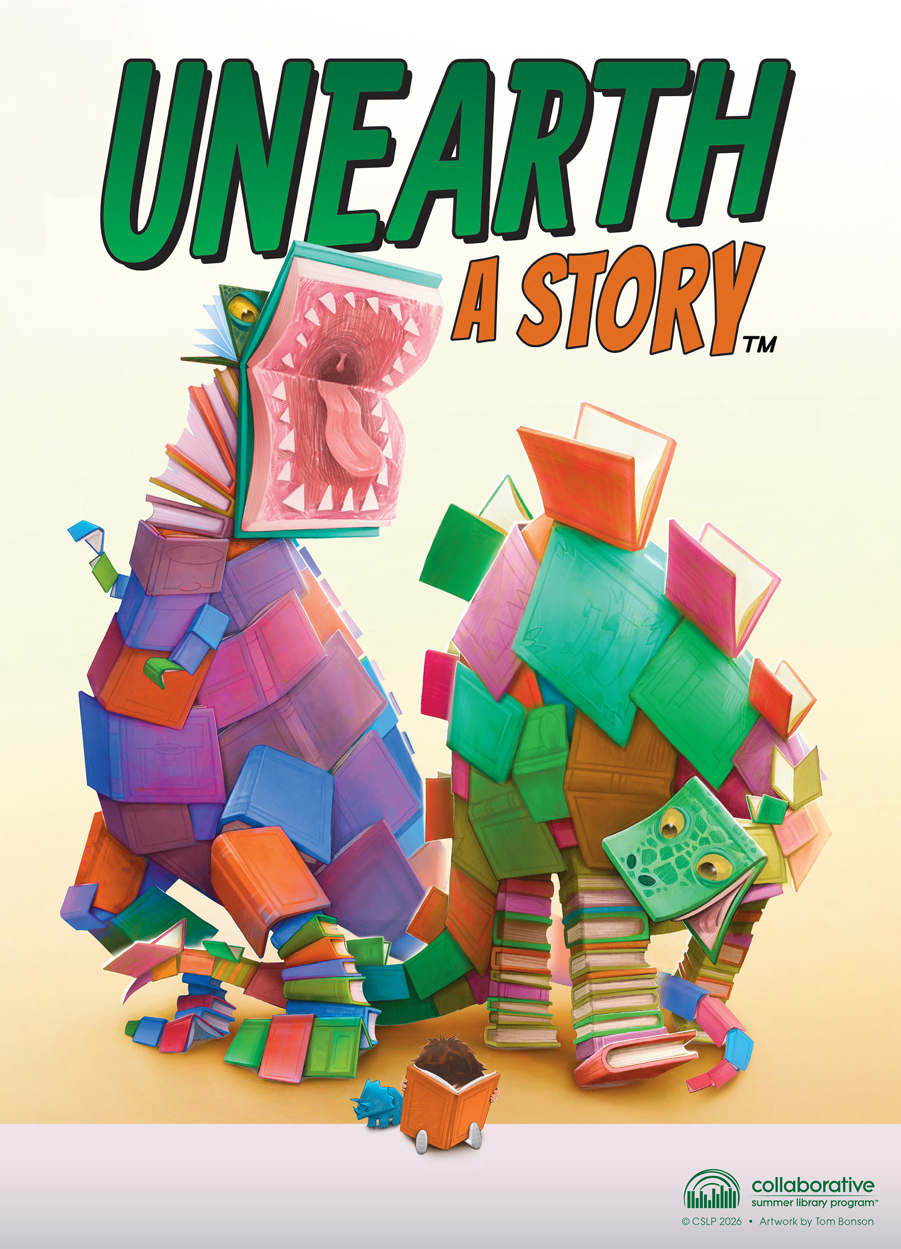 Two dinosaurs made of books carouse under a banner reading "Unearth a Story".