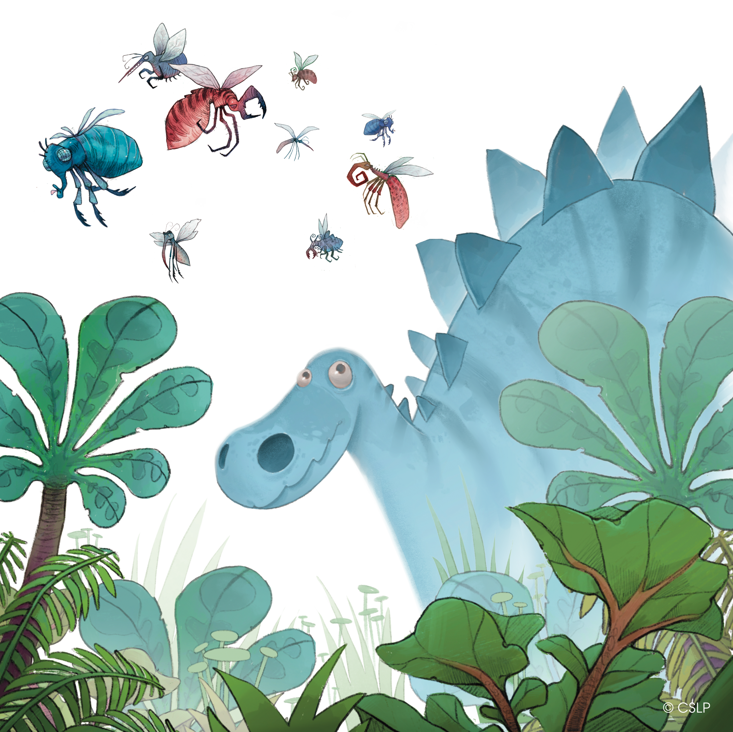 Surrounded by jungle trees, a stegosaurus warily eyes a cloud of mosquitos.