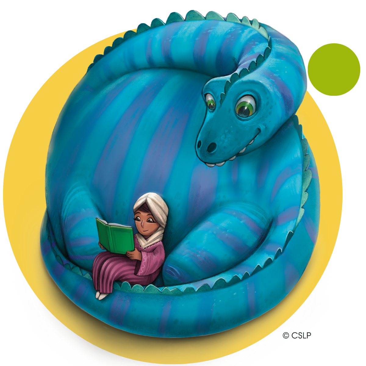 A large blue dinosaur lies curled up with its tail wrapped around itself, looking over the shoulder of a human in a purple robe who is sitting on its tail, leaning back against its body, and reading a book.