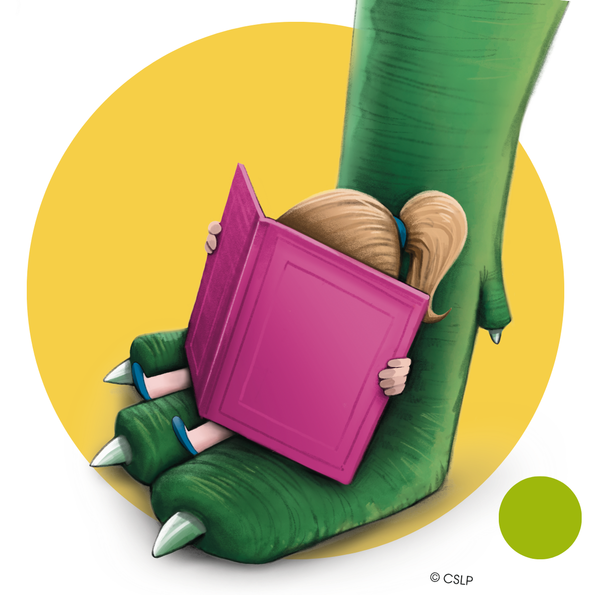 A girl reads a book while using a dinosaur's foot for a chair.