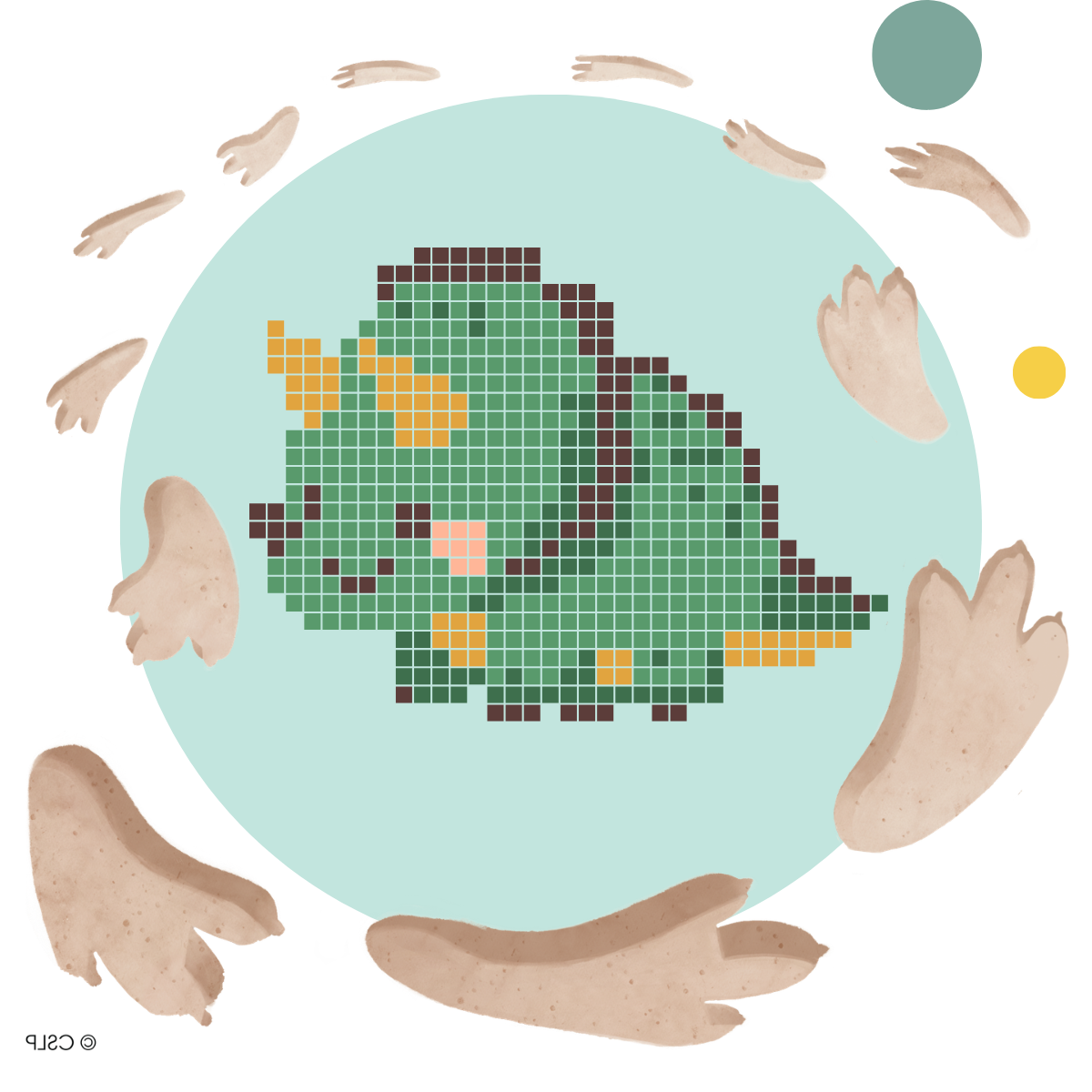 A cute triceratops mosaic inside a ring of dinosaur footprints.