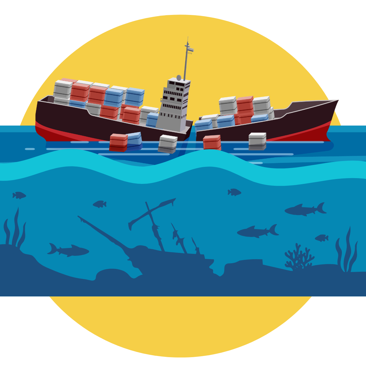 A sinking container ship floats above the sunken wreck of an old sailing ship.