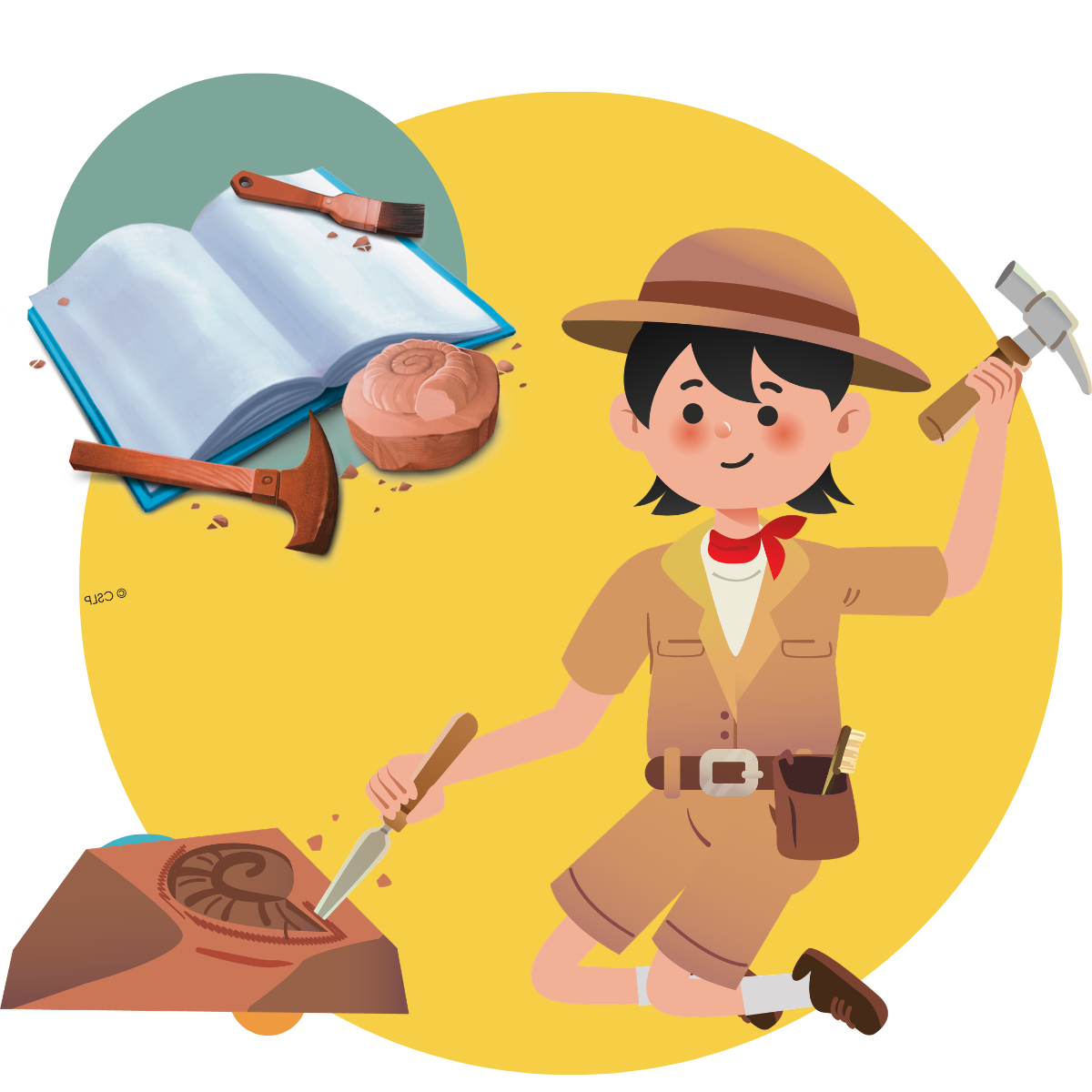 A child digs a fossil out of the ground. Nearby is an open book surrounded by archeology dig-site tools.