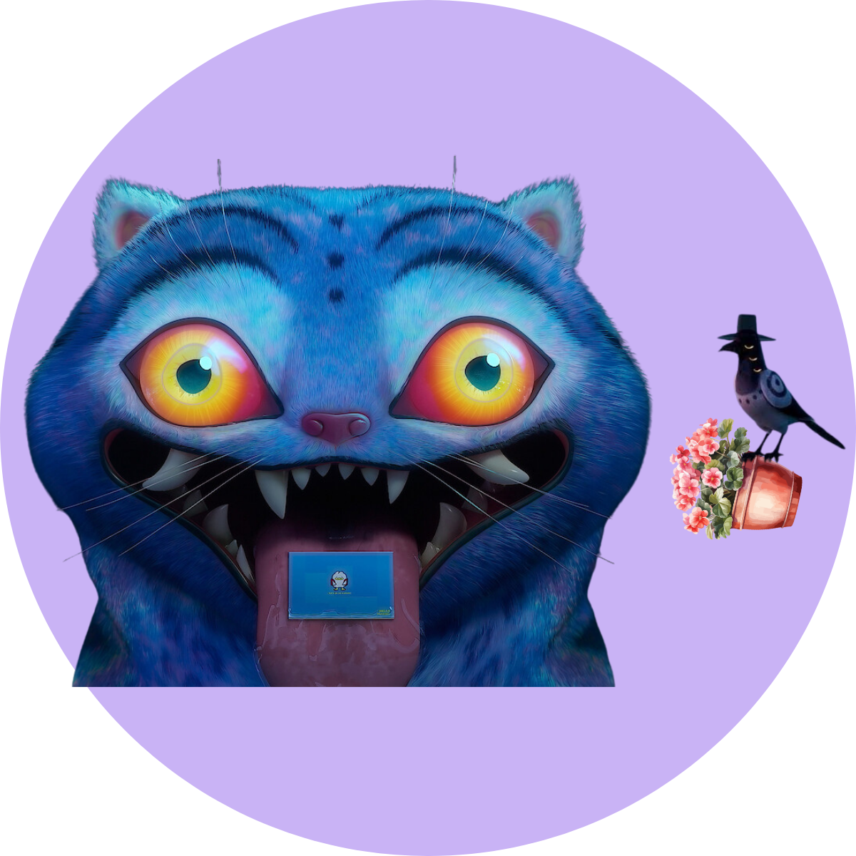 Derpy from the movie K-Pop Demon Hunters presents a party invitation on his tongue, while Sussie perches nearby on a knocked-over flowerpot.